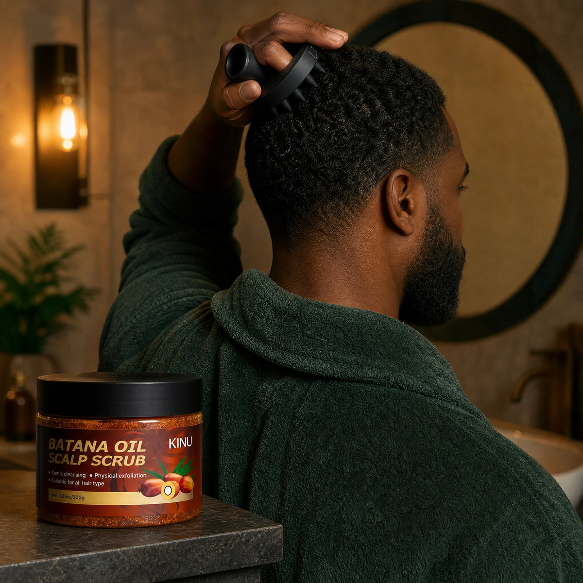 An adult man gently using a black scalp brush with the KINU scrub jar nearby