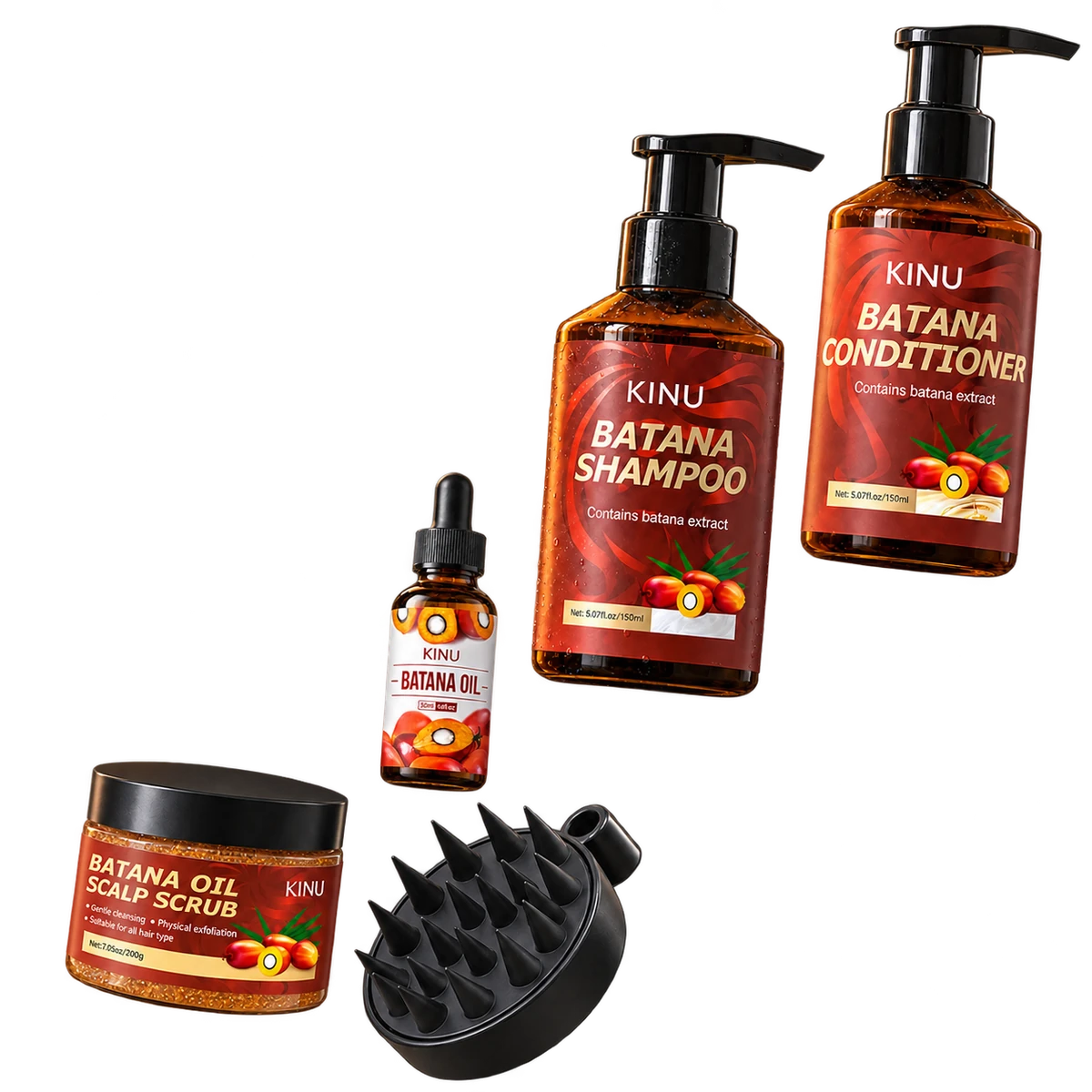 KINU shampoo, conditioner, scalp scrub with brush and hair oil