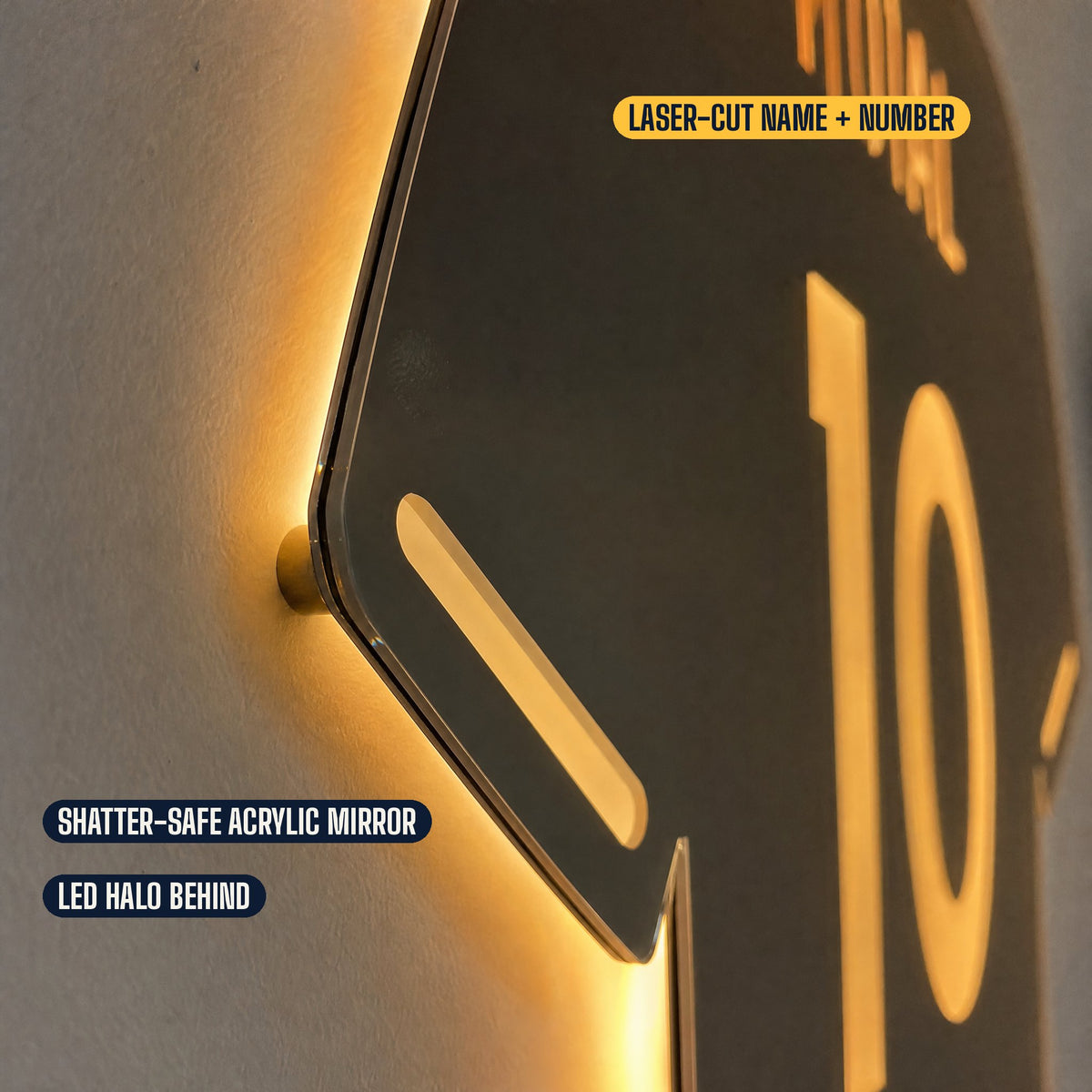 Close-up of laser-cut number and LED halo edge
