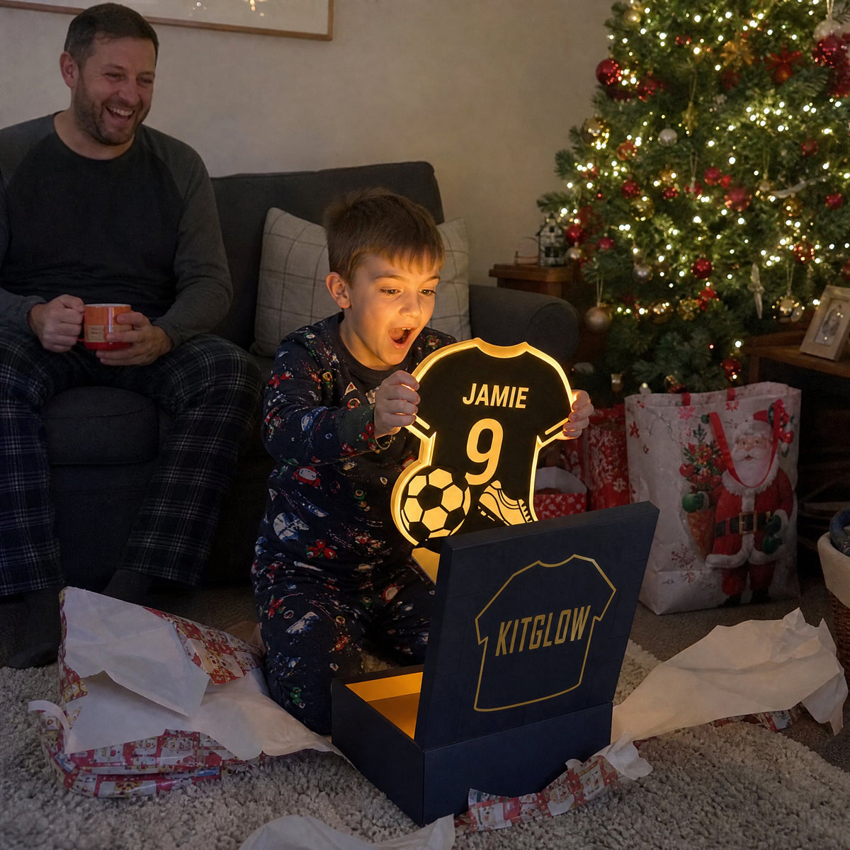 Boy opening his Kitglow jersey mirror on Christmas morning