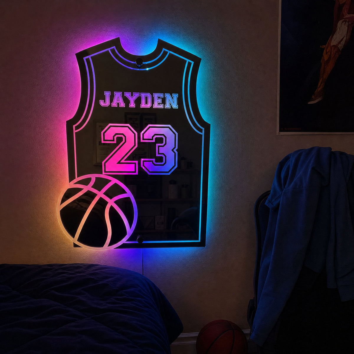 Basketball jersey mirror with name and number glowing pink and purple