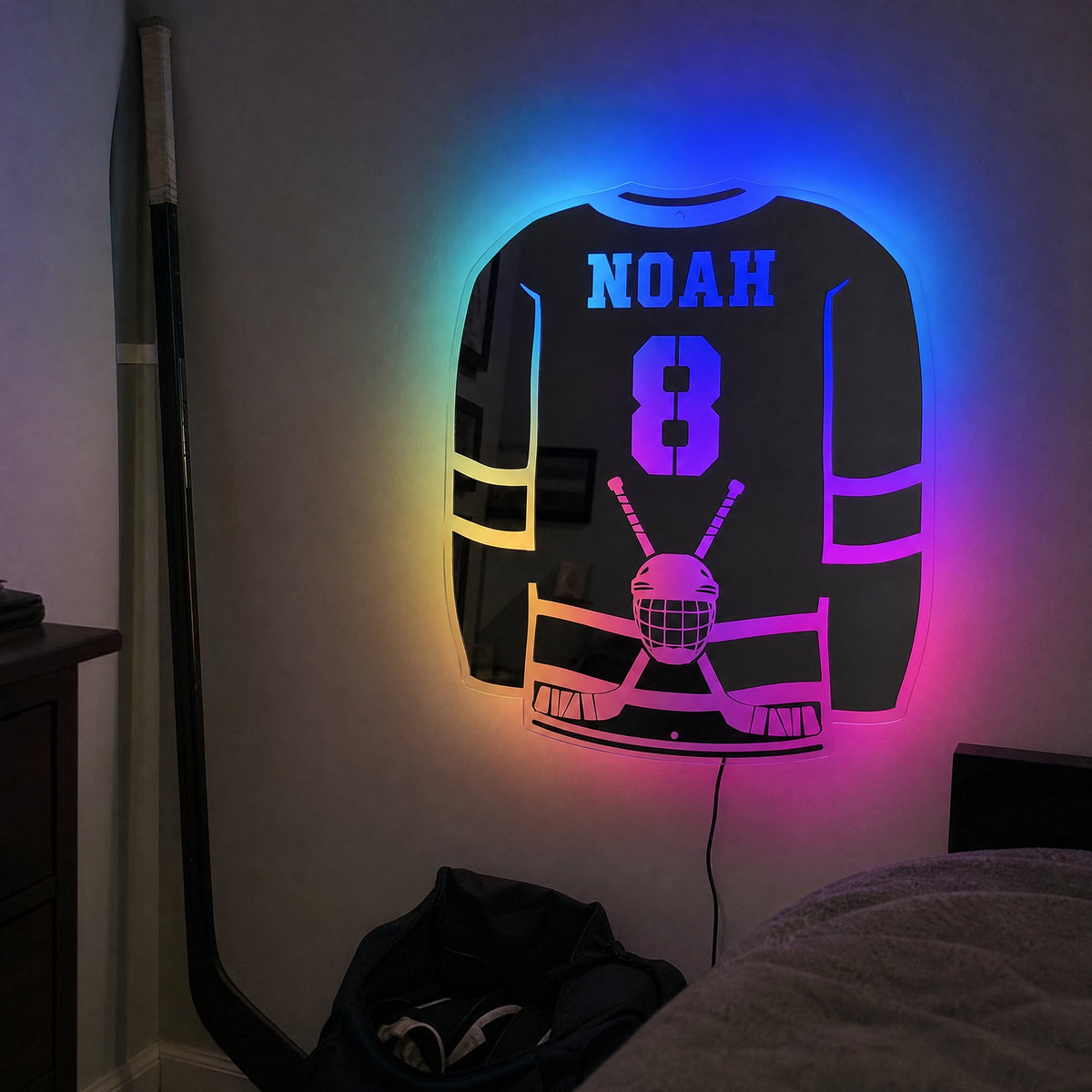Ice hockey jersey mirror with name and number glowing blue