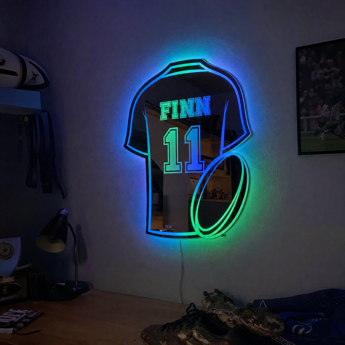 Rugby jersey mirror with name and number glowing green and blue