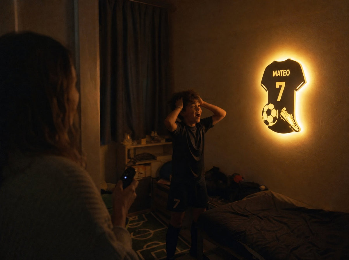 A boy grabs his head in disbelief as his name lights up on his bedroom wall