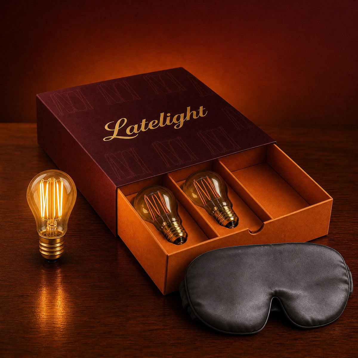 Latelight matchbook box with three amber bulbs and the free satin sleep mask