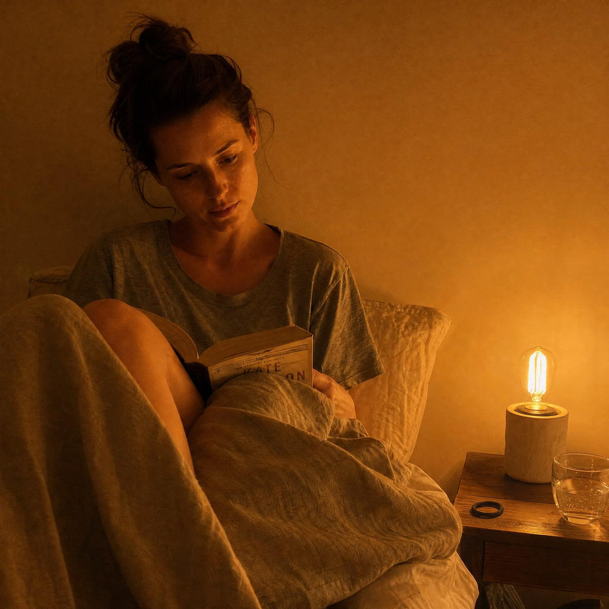 Reading in bed by a Latelight amber bulb