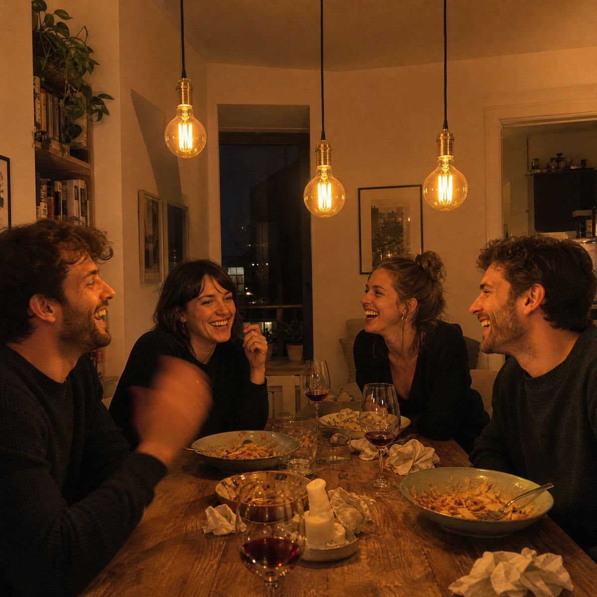 Friends at dinner under three amber pendant bulbs