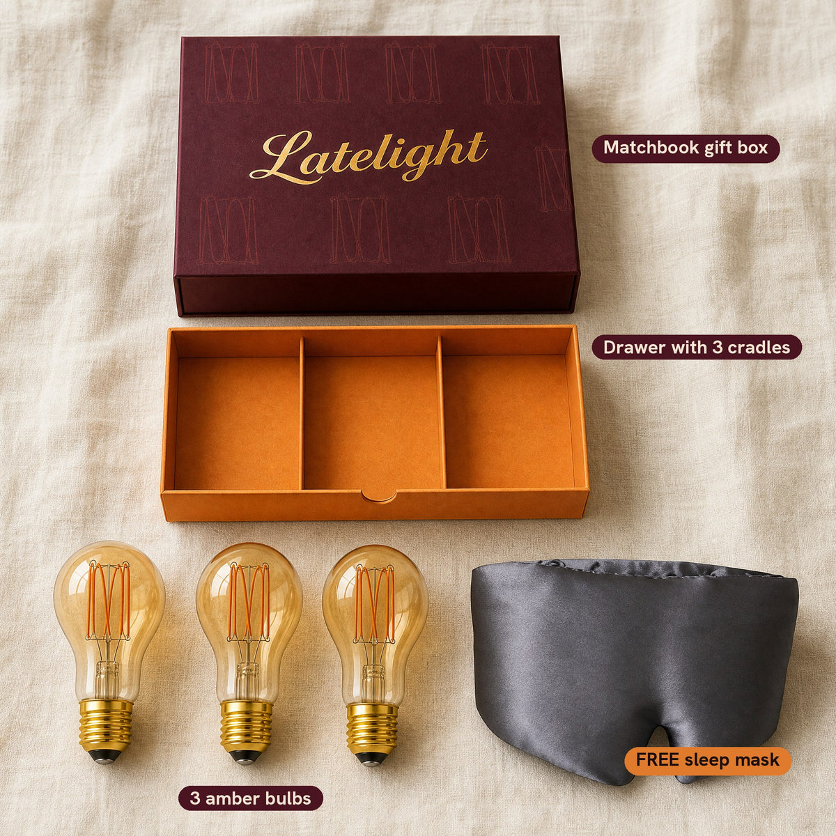What is inside: matchbook box, drawer, three bulbs and free sleep mask