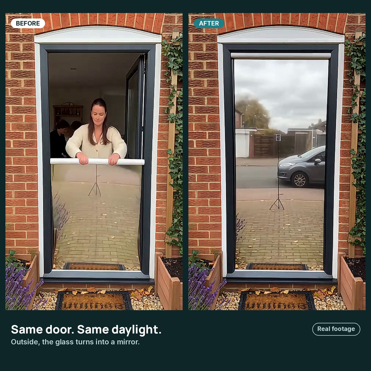 Real footage: the same front door before and after one-way mirror film