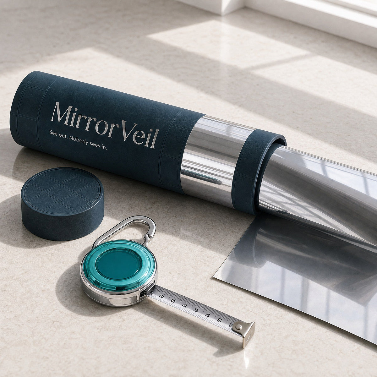 MirrorVeil packaging tube, film roll and free pocket tape measure