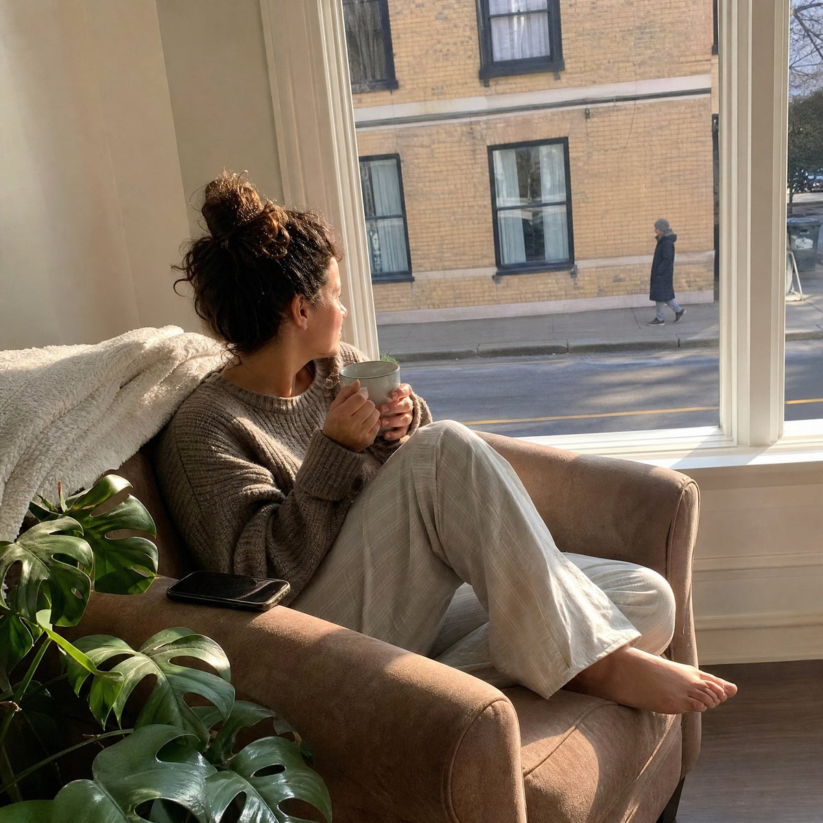 Relaxed morning by a window with privacy film