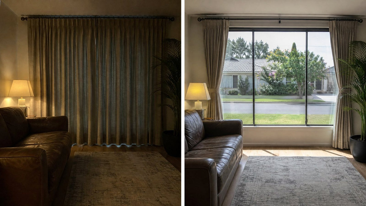 Room with curtains closed versus room with film