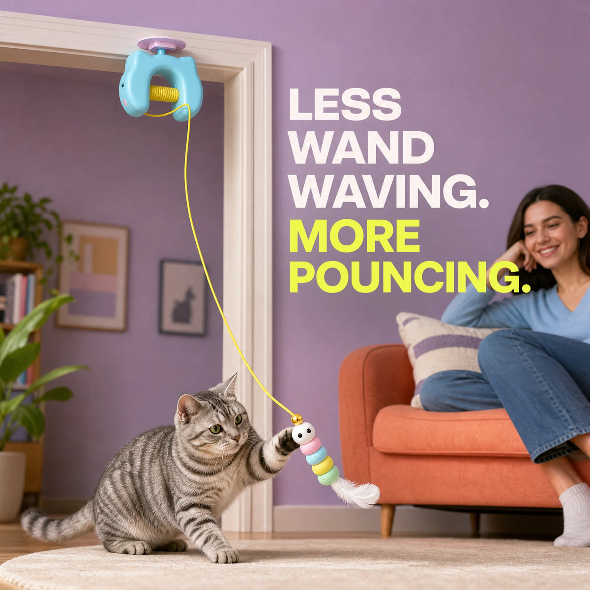 PounceClub supervised play with a dangling feather teaser