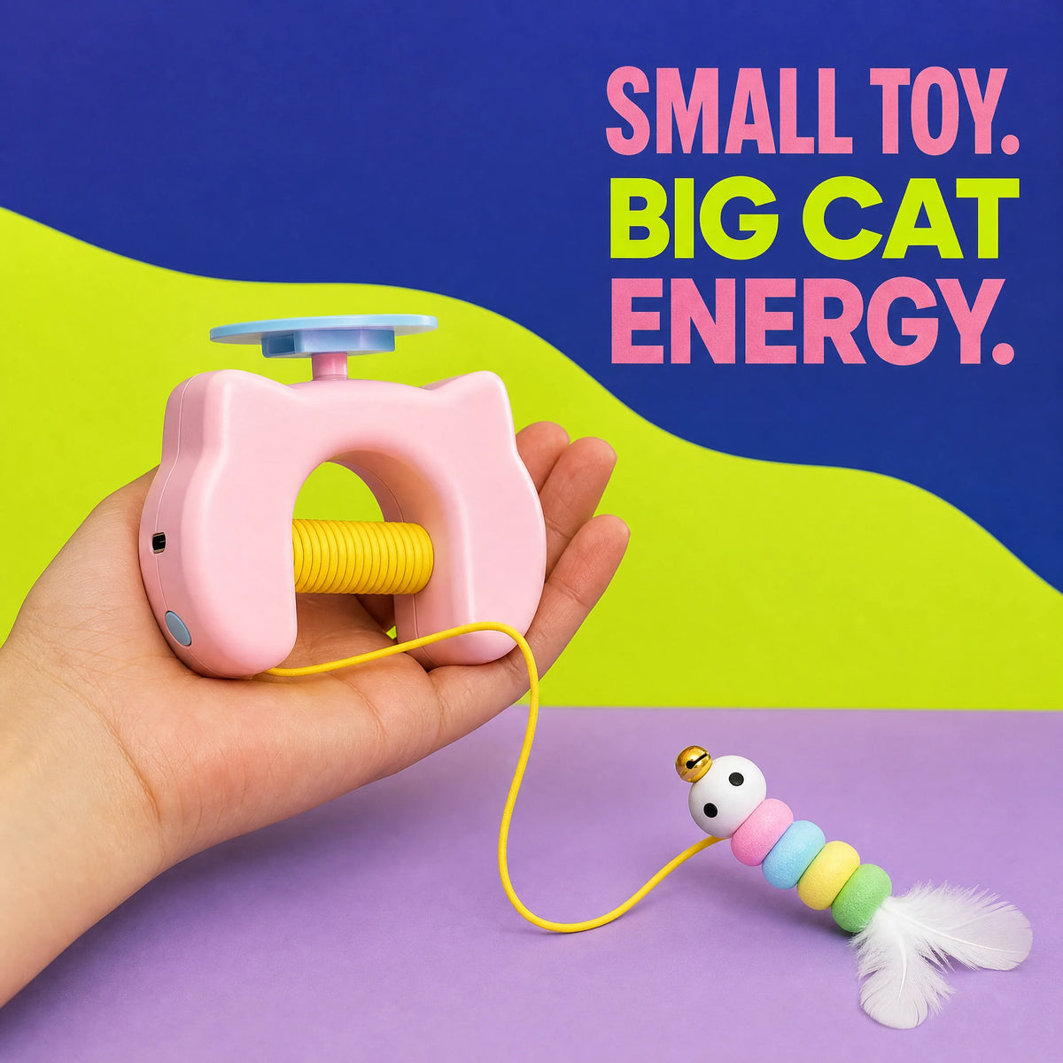 Palm-sized PounceClub pink toy shown in an adult hand
