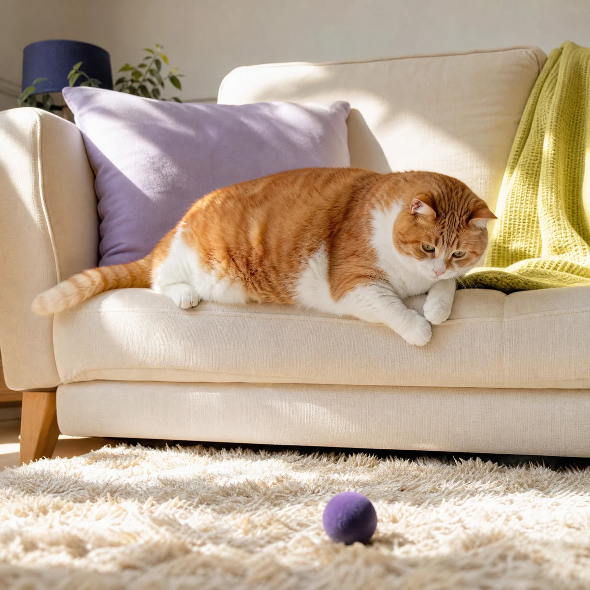 Illustrative lifestyle scene of a chubby orange-and-white indoor cat resting on a sofa beside an unused ball.