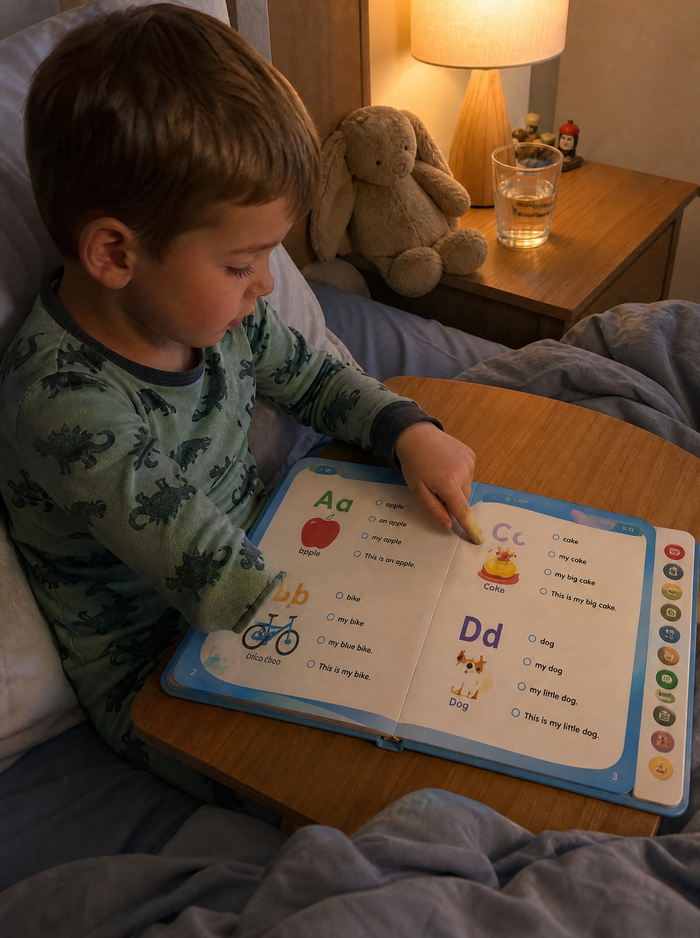 A boy reading on a lap desk at bedtime