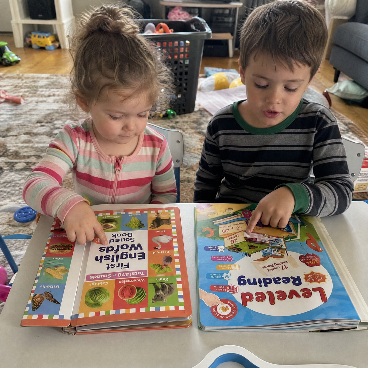 A toddler with the First Words book and her brother with the Pipit Reader