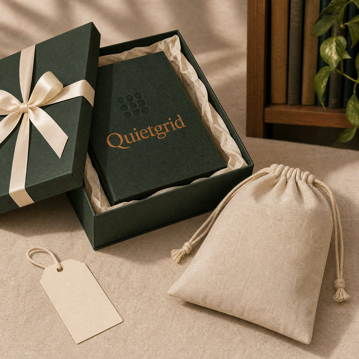 Gift-Ready Set: Quietgrid in a ribboned gift box with a linen travel pouch