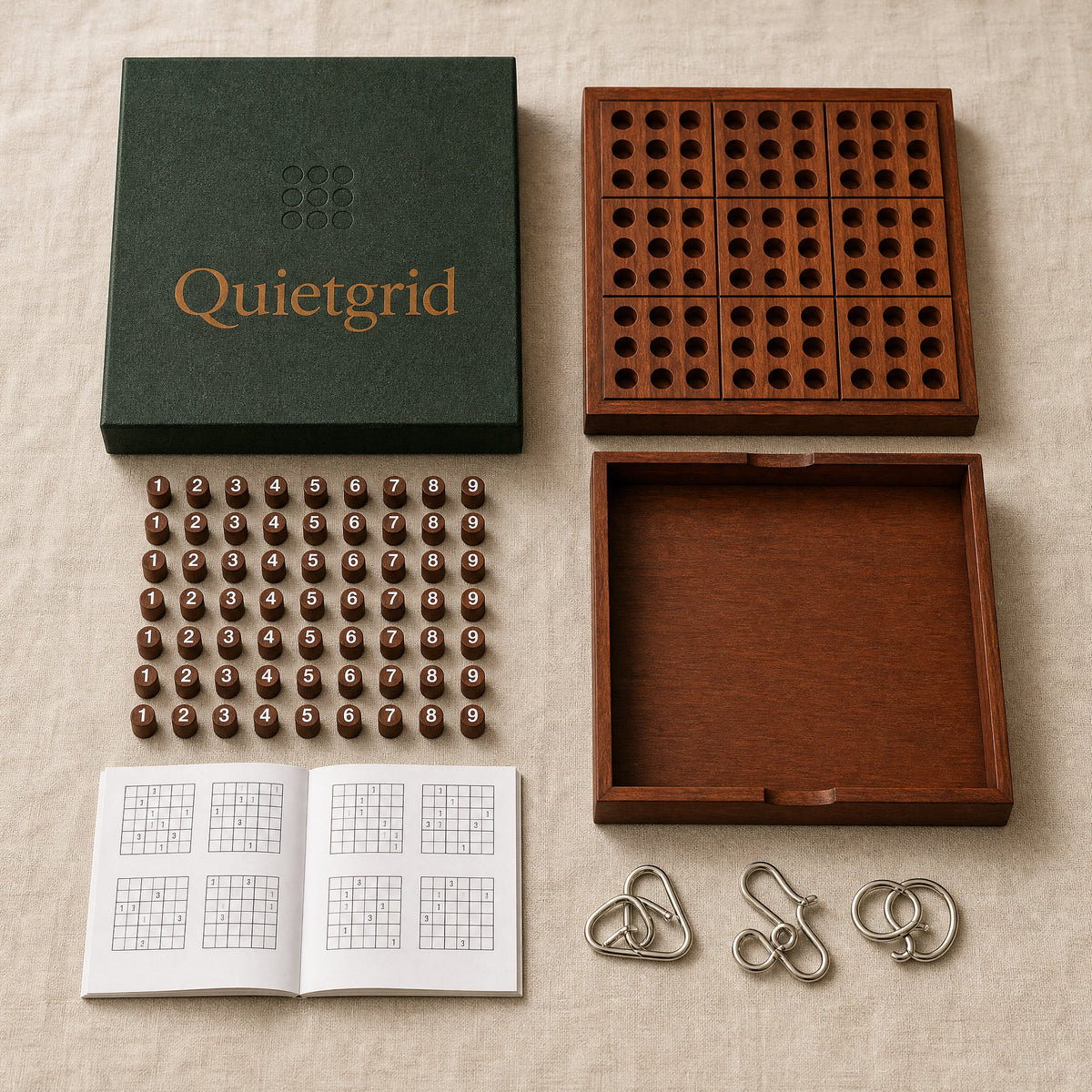 What's in the box: board, tray, 81 pegs, puzzle booklet, slipcase and the free Pocket Puzzle Trio