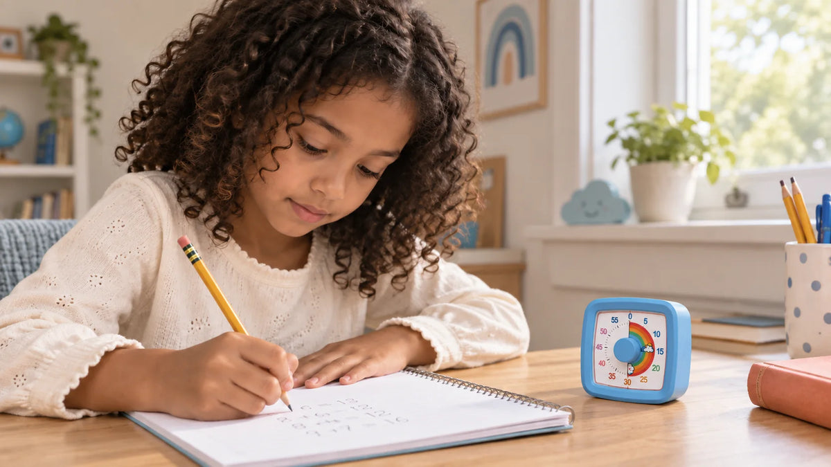 A child writing with a blue Rainbow Time visual timer on the desk