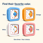 Choose one Rainbow Time timer in Blue, Orange, White or Pink
