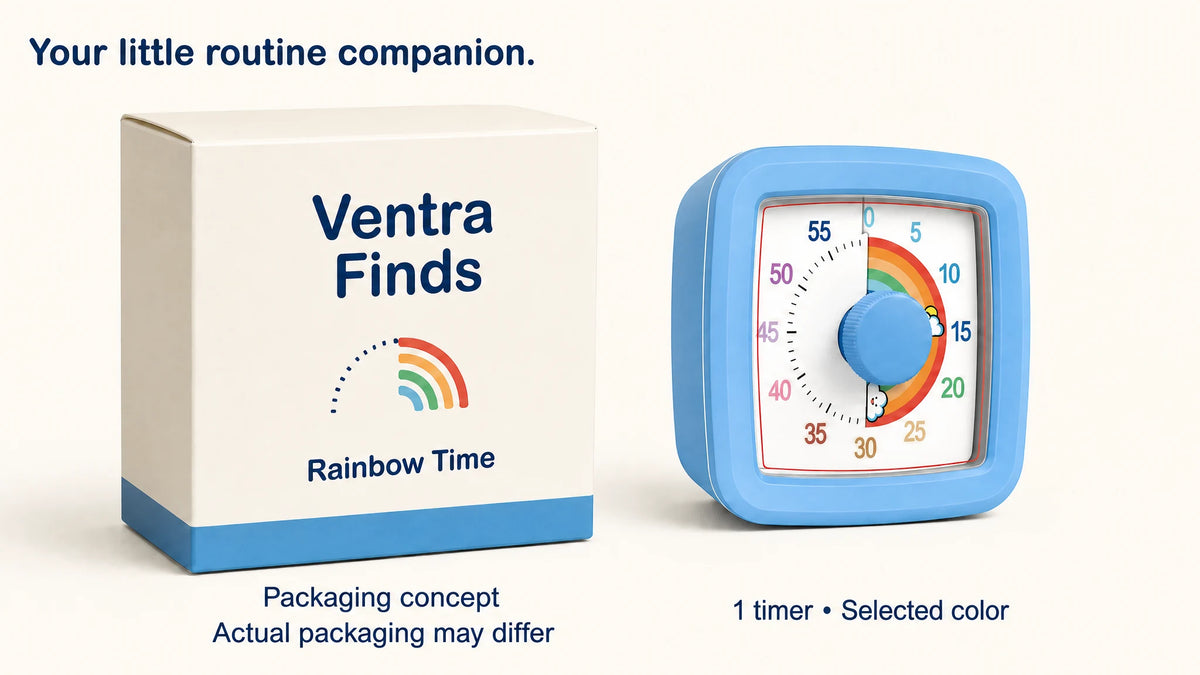 Rainbow Time timer beside a branded packaging concept; actual packaging may differ