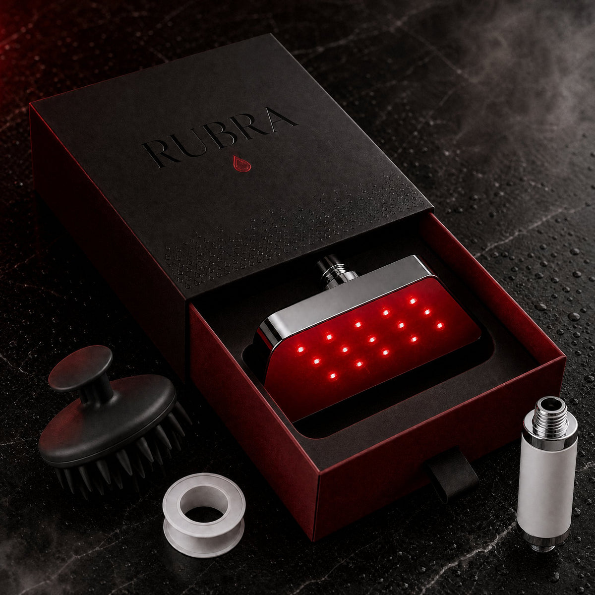 RUBRA Soft Water Ritual: box, red light head, inline filter, free scalp brush and seal tape