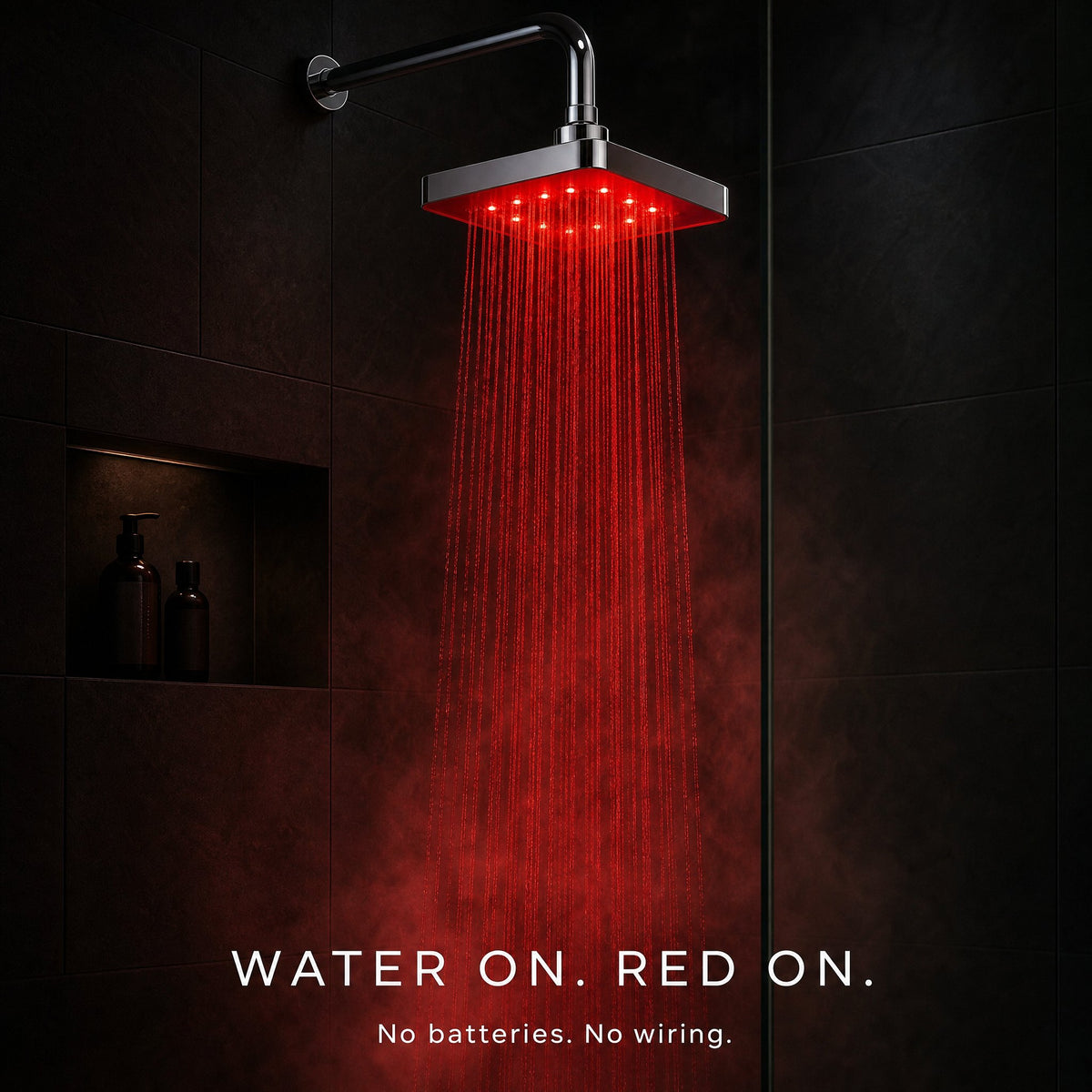 Dark shower lit only by the RUBRA head glowing red