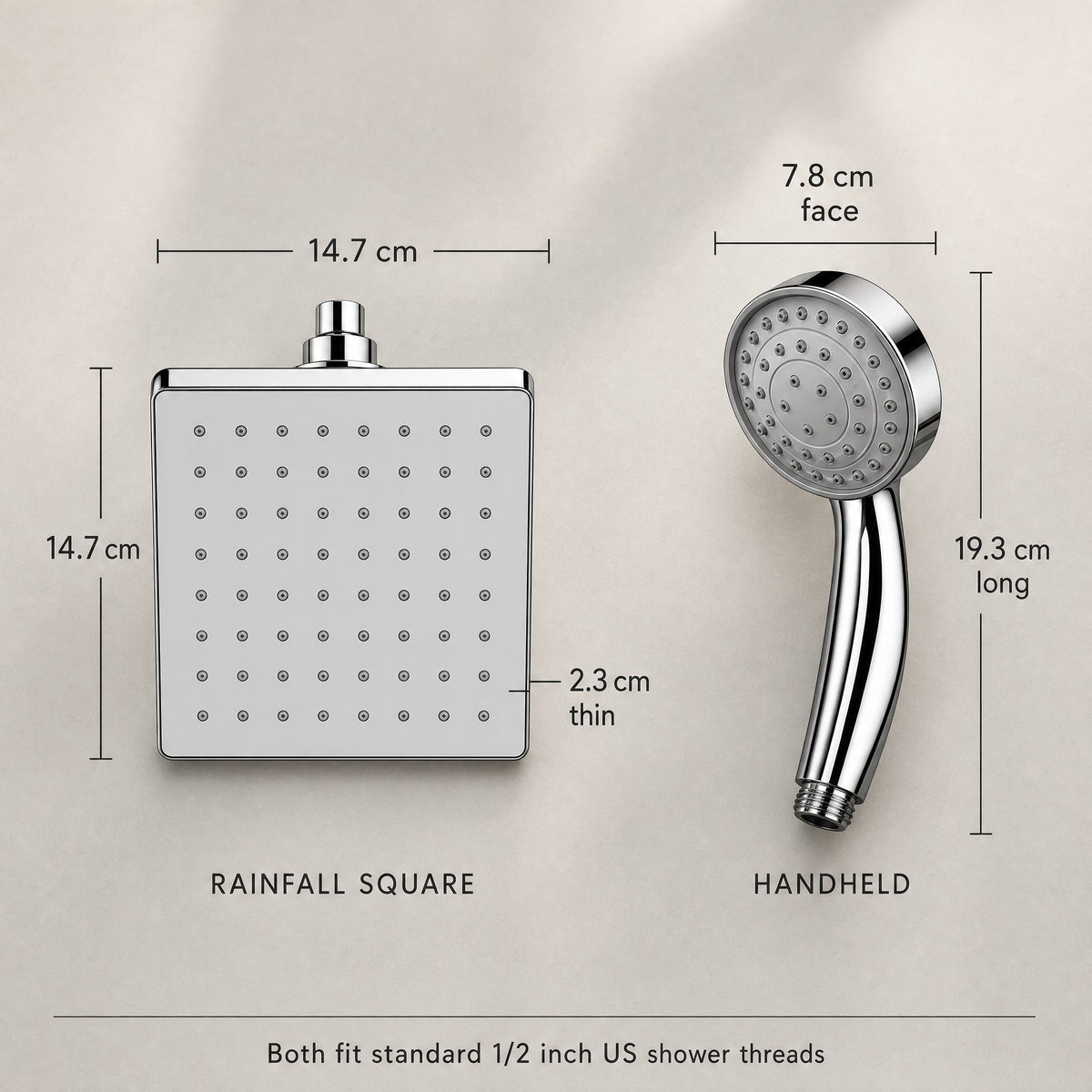 Sizes: 14.7 cm rainfall square and 19.3 cm handheld