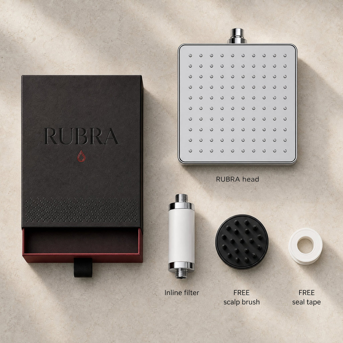 What you get: RUBRA head, box, inline filter, free scalp brush and seal tape