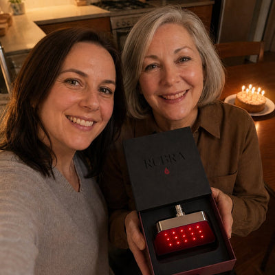 Daughter and mother with the RUBRA gift box on her birthday