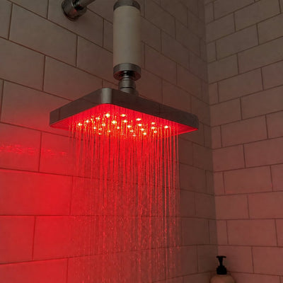 Inline filter above a glowing RUBRA head in a home shower