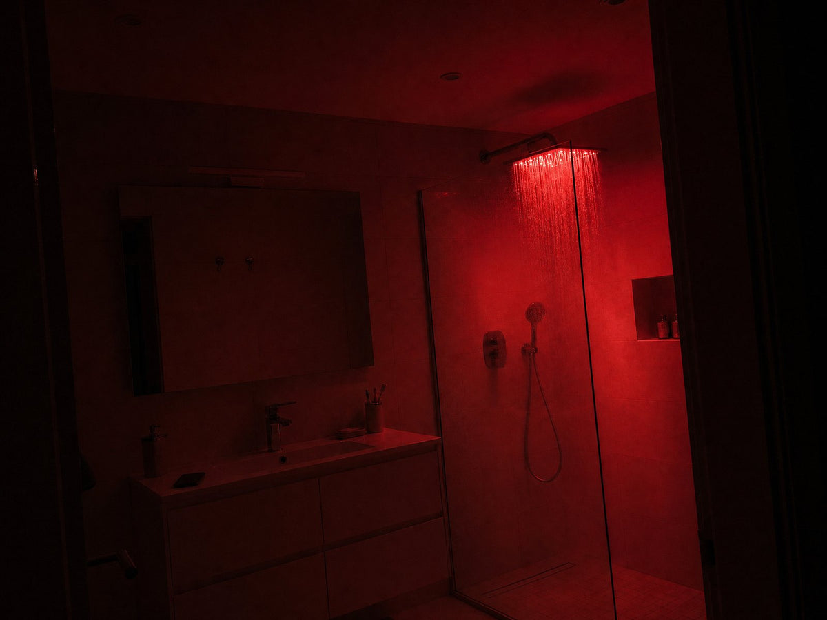 The same bathroom lit only by the red shower