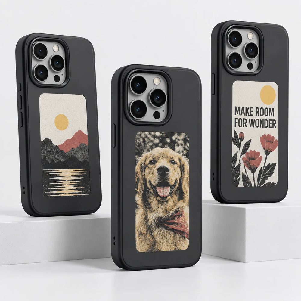One Reframe case shown with three different image designs