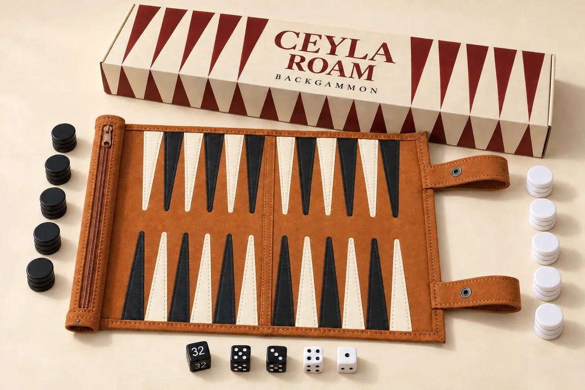 Ceyla Roam board, black and white checkers, dice and branded packaging concept
