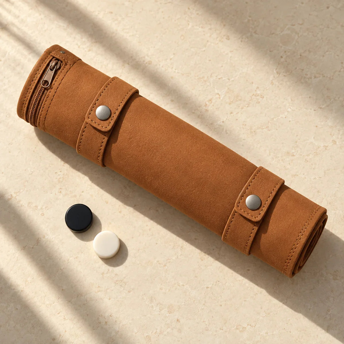 Cognac backgammon board rolled with snap straps