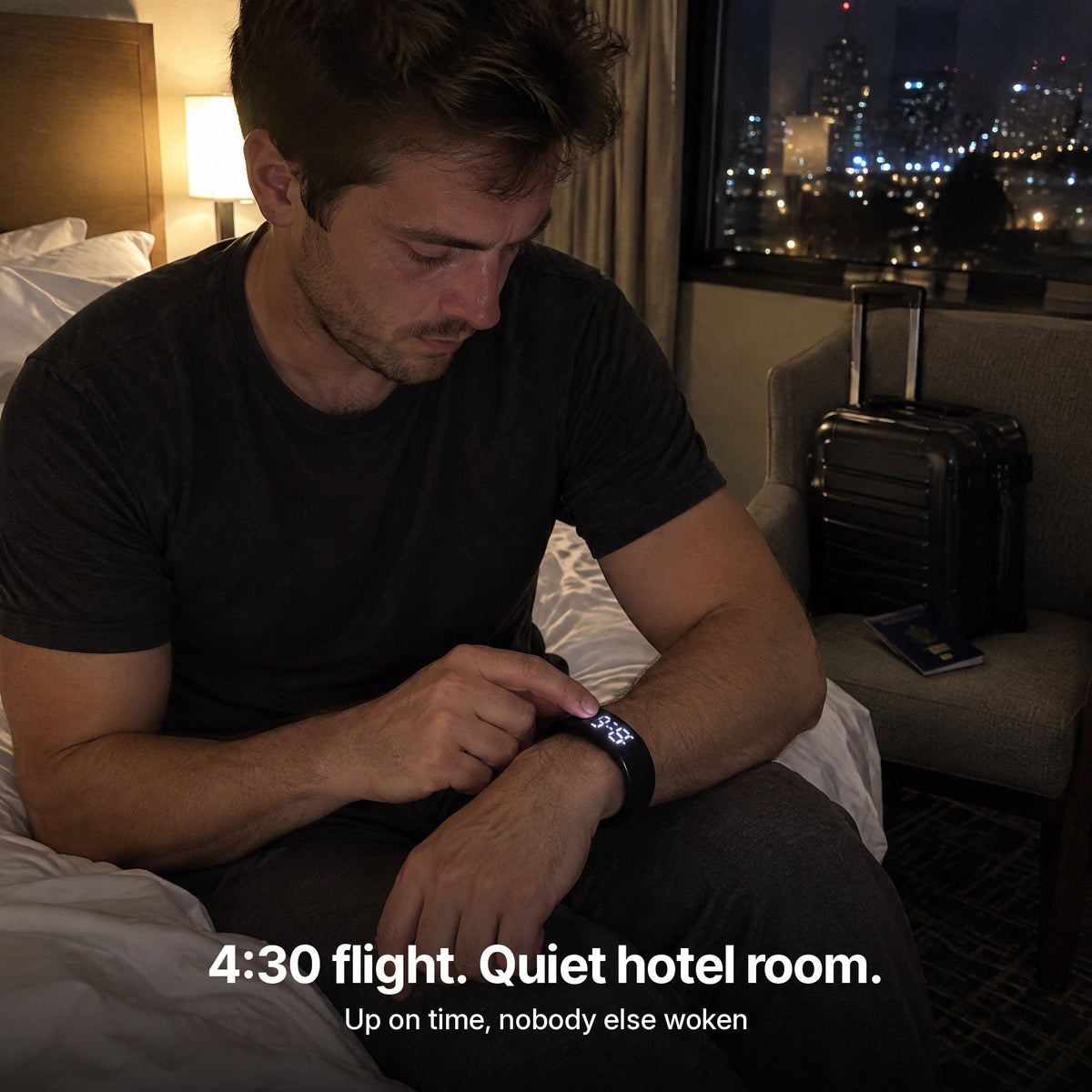 Man checking his Rouse band in a hotel room before an early flight