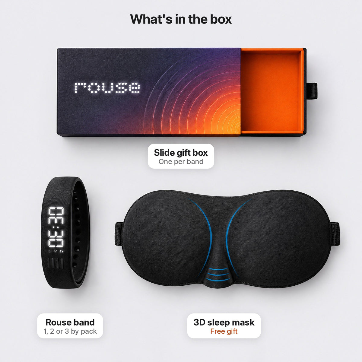 What's in the box: Rouse band, slide gift box and free 3D sleep mask