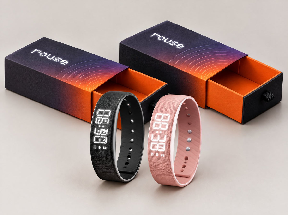 Two Rouse bands in black and blush pink with their boxes