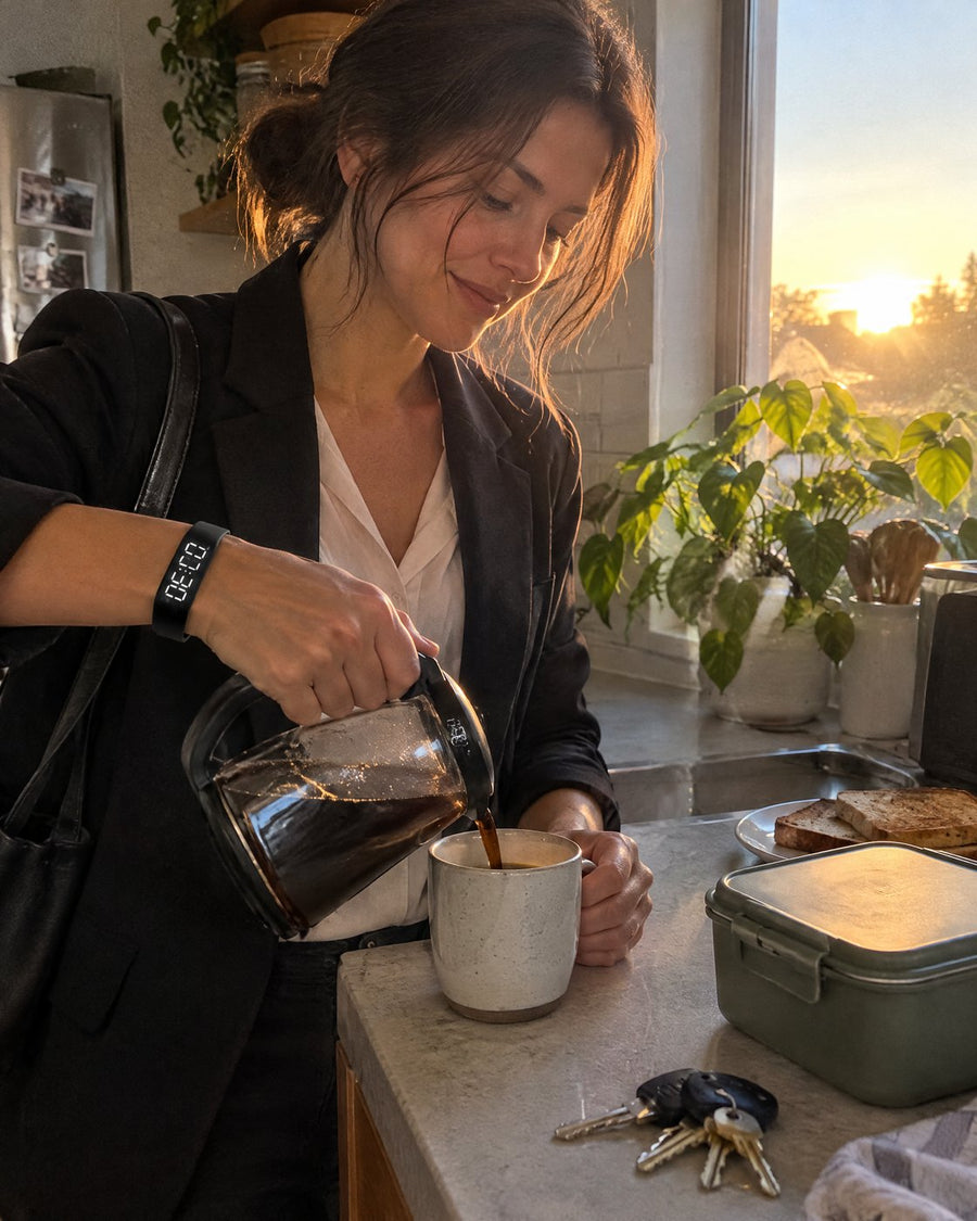 Woman pouring coffee at sunrise wearing a Rouse band
