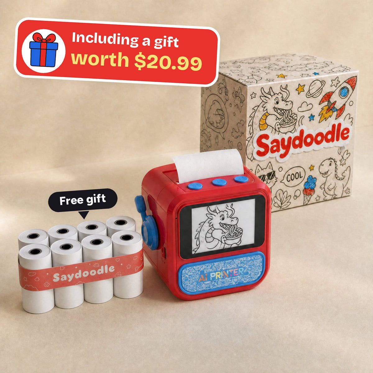 Saydoodle printer with its gift box and the free bonus pack of 8 sticker rolls
