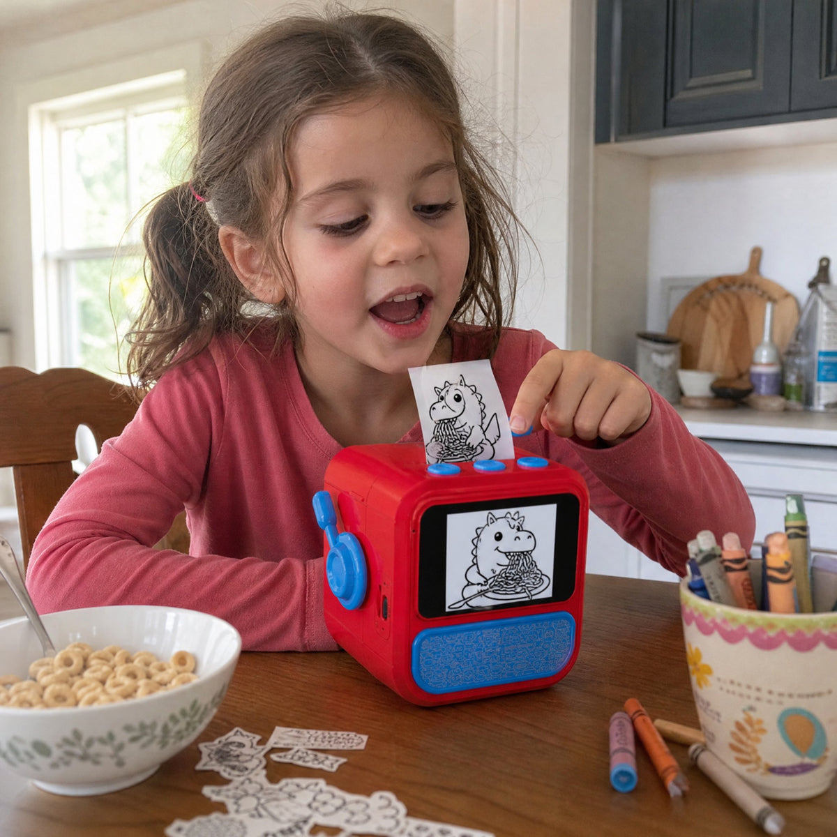 Girl talking to Saydoodle at the kitchen table