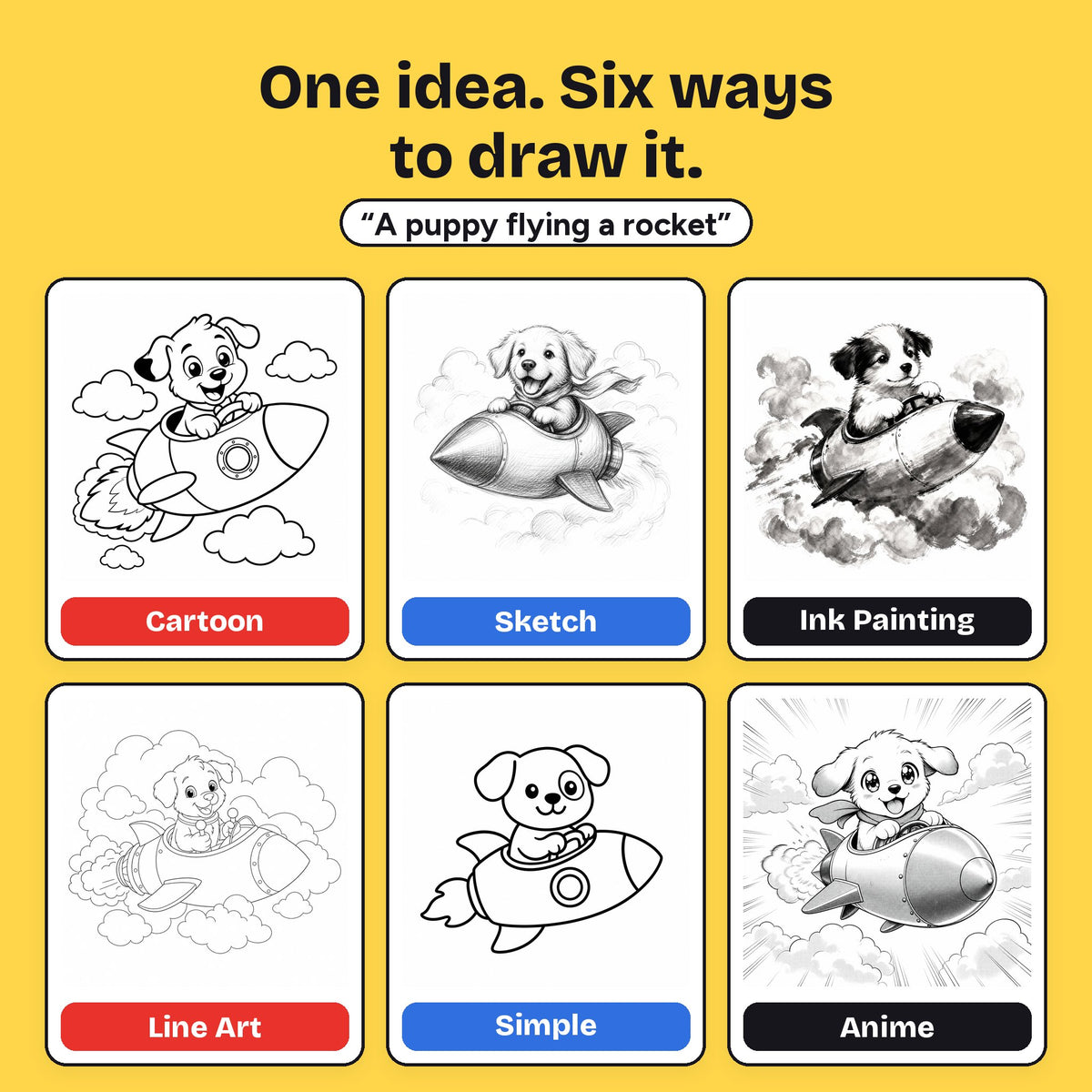 One idea drawn in six styles