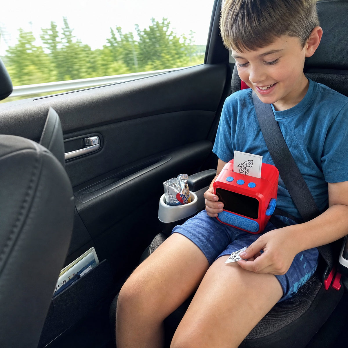 Boy printing a sticker in the car