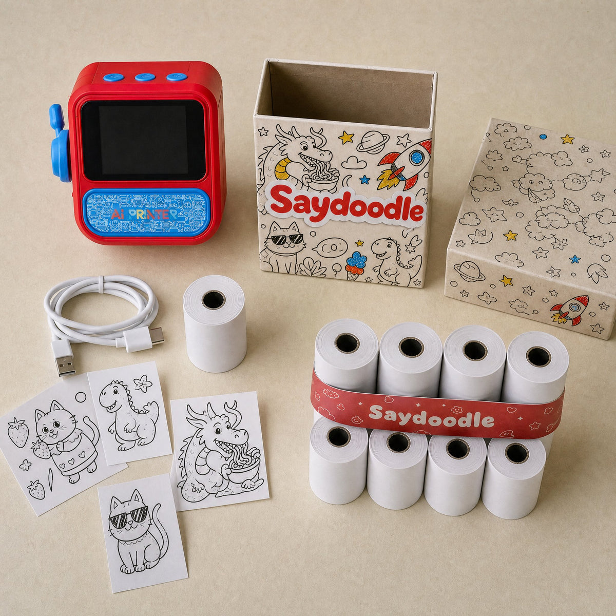 What you get: printer, box, cable and 8 bonus rolls