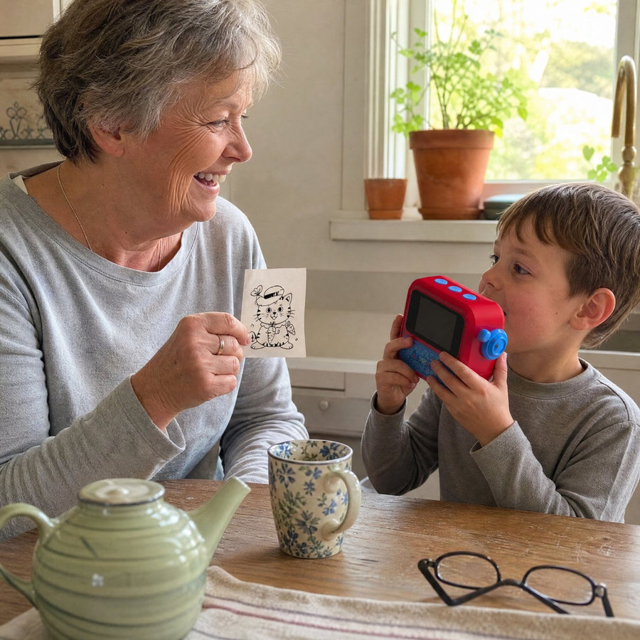 A grandmother laughing as her grandson talks into the printer