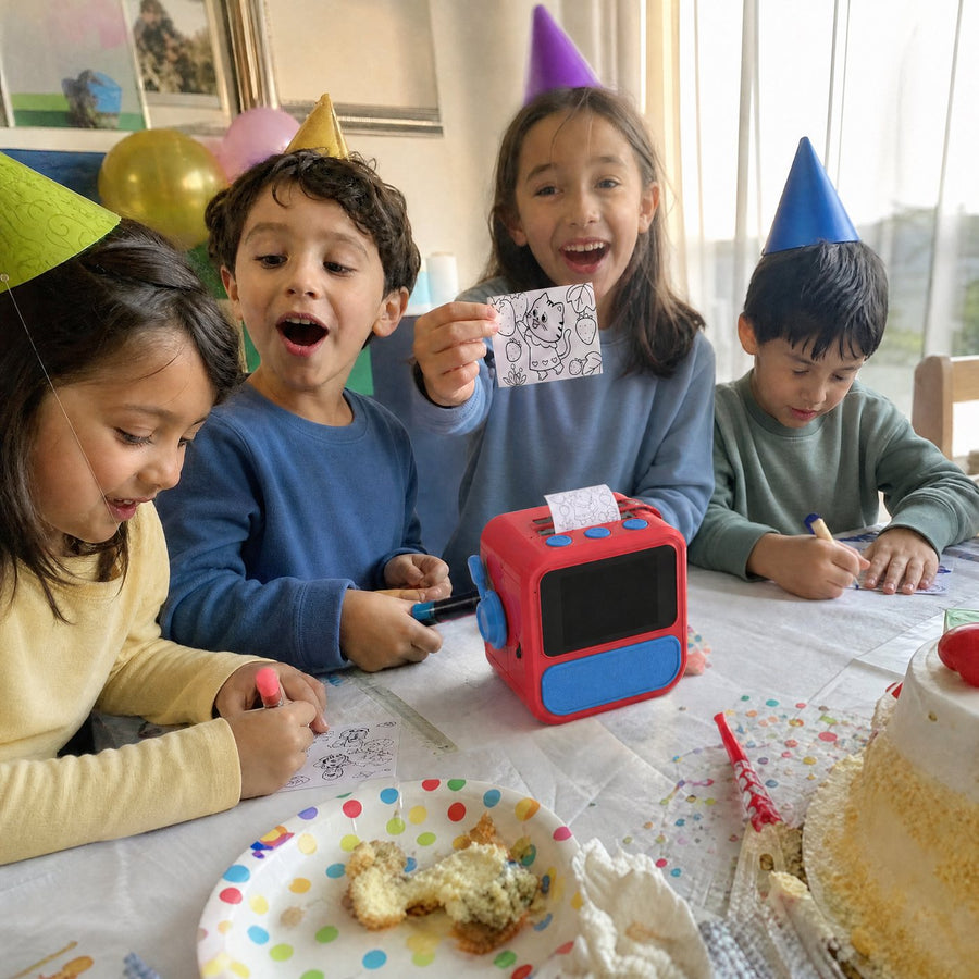 Kids at a birthday party holding up stickers