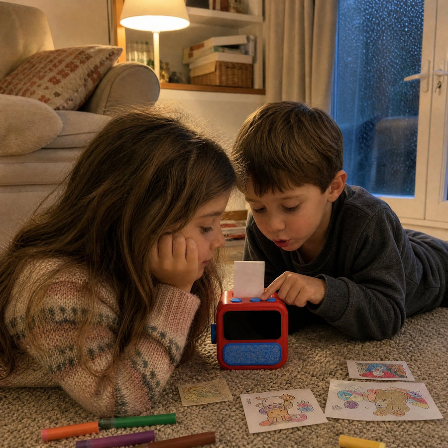 Two kids printing stickers on the living room rug