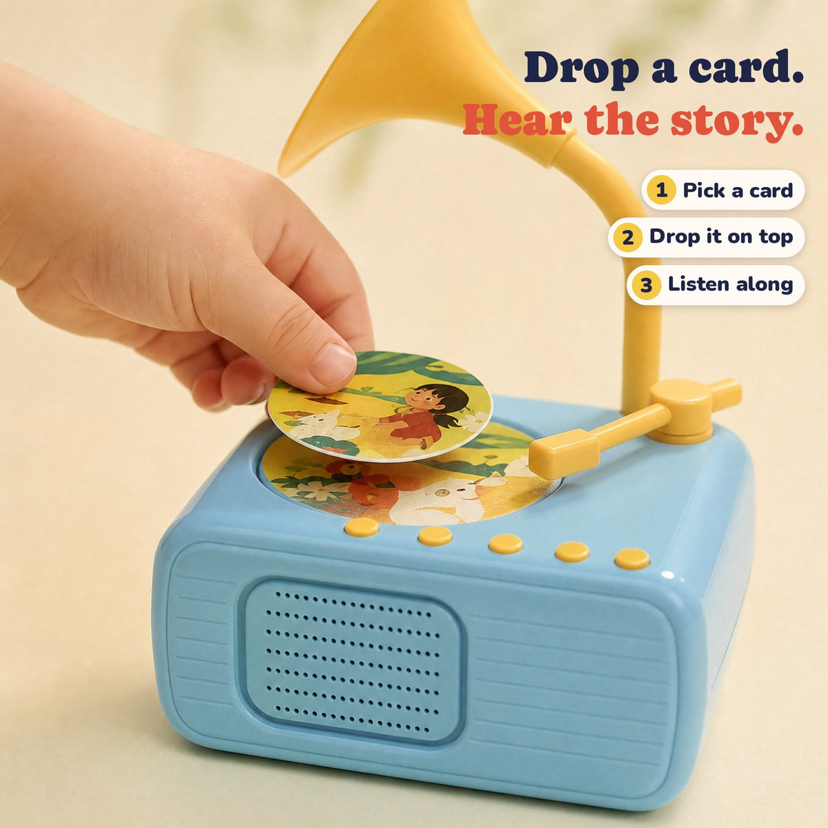 A child dropping a picture card onto the Storyhorn