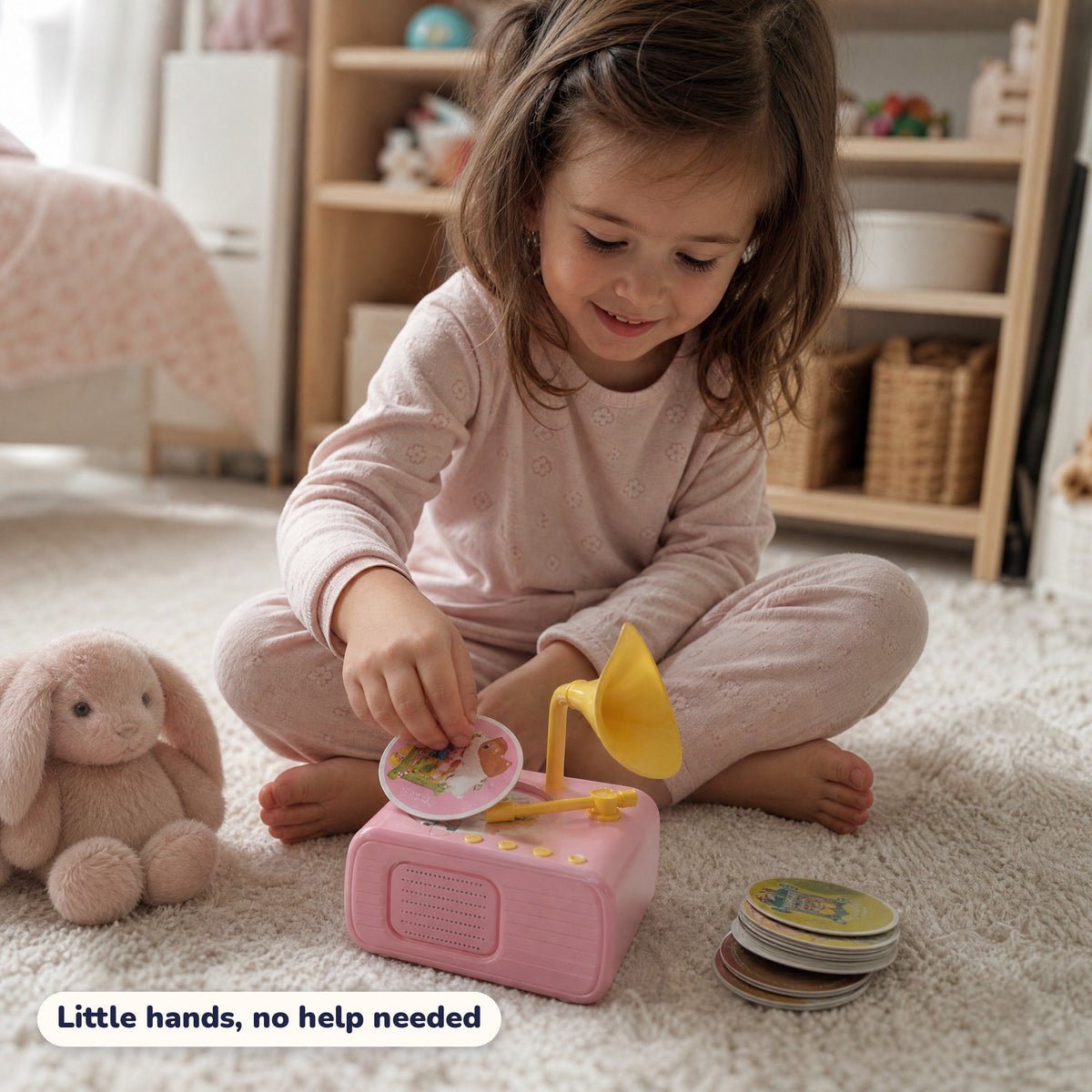 A girl placing a card on her pink Storyhorn on her bedroom rug